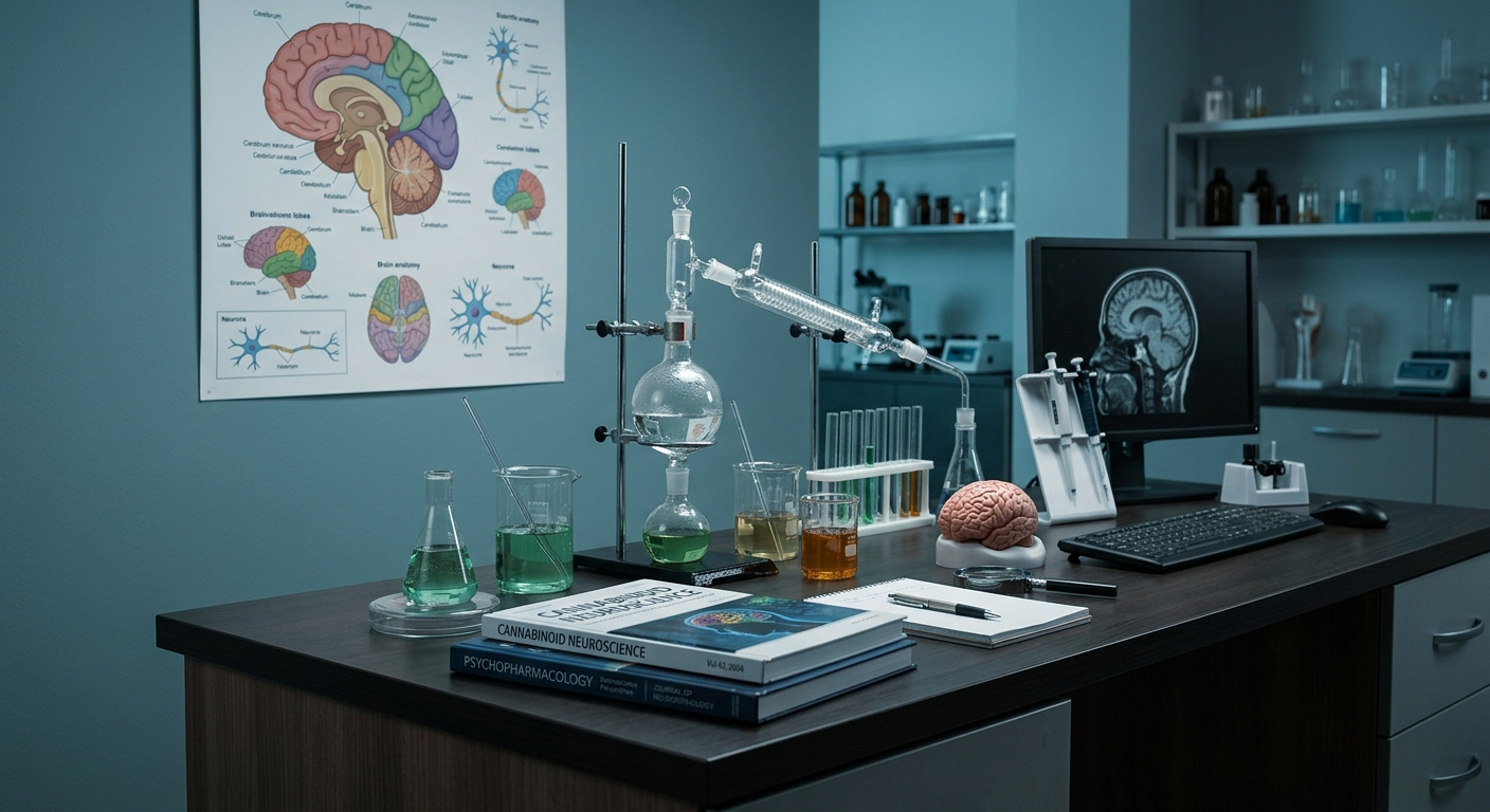 Mesa de laboratorio cientifico con poster de anatomia cerebral, vasos de precipitado y revistas de neurociencia cannabinoide