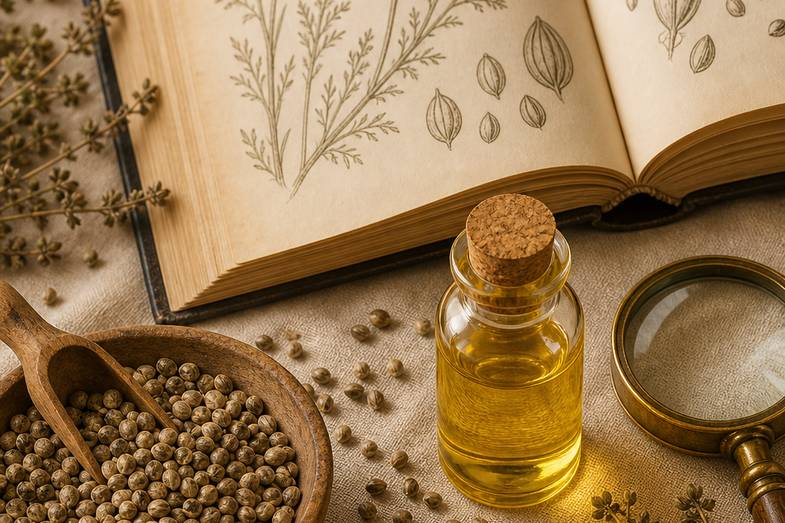 Imagen editorial documental sobre el aceite de semillas de cáñamo y la fitoquímica europea según la literatura agroalimentaria peer-reviewed Floares Oarga 2025