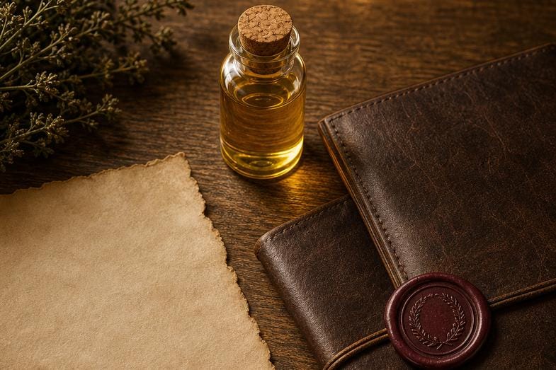 Vial de vidrio con líquido ámbar, un libro de cuero con sello de lacre, hierbas secas y un pergamino sobre madera, en un bodegón documental histórico