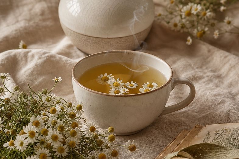 Taza de infusión de manzanilla con flores de manzanilla alrededor sobre lino, en un bodegón documental sobre los usos tradicionales sin combustión