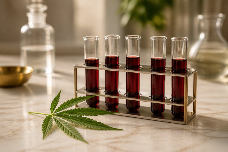 Gradilla con tubos de vidrio de líquido burdeos sin etiqueta y una hoja de cáñamo sobre mármol claro, en un bodegón de laboratorio