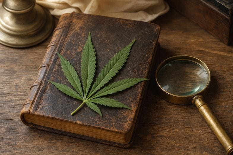 cannabinoides-investigacion-documental-literatura Hoja de cannabis sativa sobre un cuaderno científico antiguo de cuero junto a una lupa de latón sobre una mesa de madera, en alusión a la investigación documental