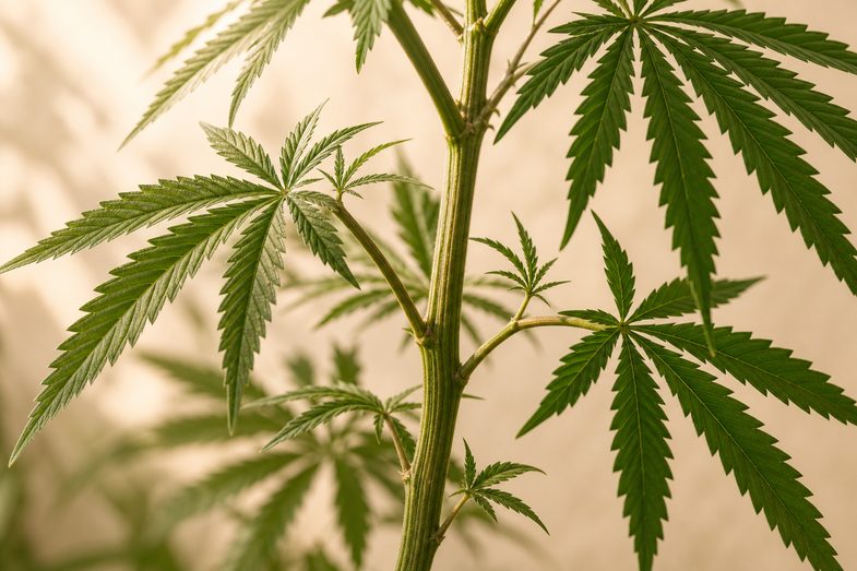 Tallo y ramas de una planta de cáñamo industrial con hojas palmadas verdes, en detalle botánico fotográfico con luz natural cálida