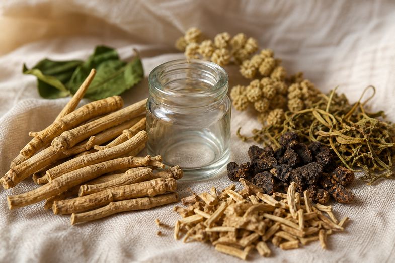 Raíces secas de ashwagandha y hierbas adaptógenas junto a un tarro de vidrio sobre tela de lino color crema en un bodegón botánico