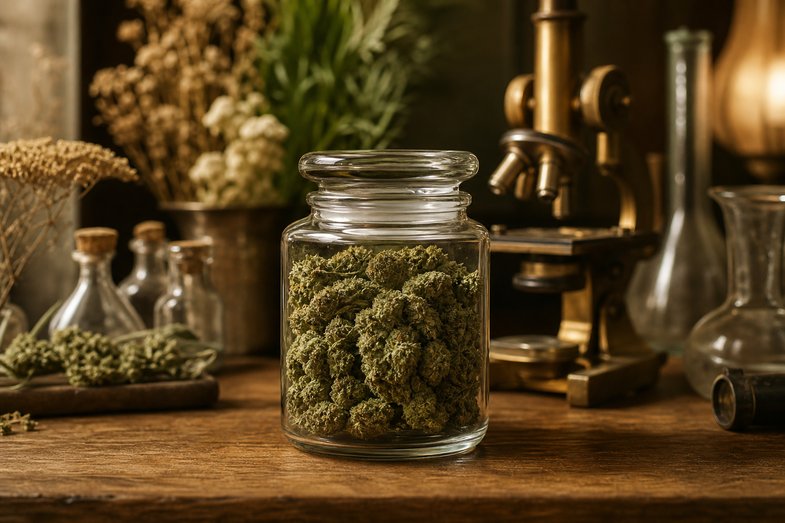 Frasco de vidrio con cogollos de flores de cáñamo CBD junto a un microscopio de latón sobre un banco de laboratorio, en alusión al control de calidad