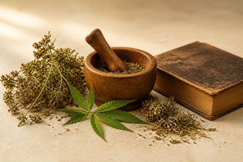 canamo-herboristeria-tradicional-historia-medieval Hierbas secas de cáñamo, un mortero de madera y un libro antiguo cerrado sobre superficie crema, en un bodegón de herboristería tradicional