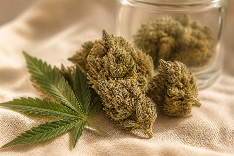 canamo-industrial-cbd-investigacion-cb1-receptores Cogollos secos de cáñamo industrial con tricomas visibles y una hoja verde de cáñamo sobre lino crema, con un tarro de vidrio desenfocado al fondo