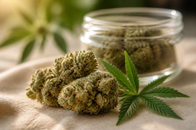 cbd-investigacion-preclinica-modelos-animales-ansioliticos Microscopio de latón, portaobjetos de vidrio y una hoja de cáñamo sobre mármol claro junto a un cuaderno en blanco, en un bodegón de investigación