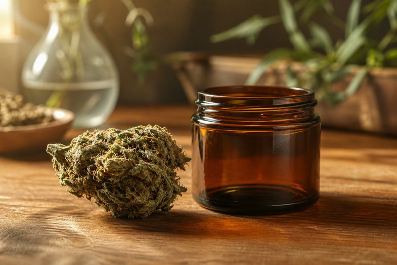 Cogollo de flor de cáñamo CBD junto a un frasco de vidrio ámbar sobre una mesa de madera, en alusión a la investigación sobre cannabinoides
