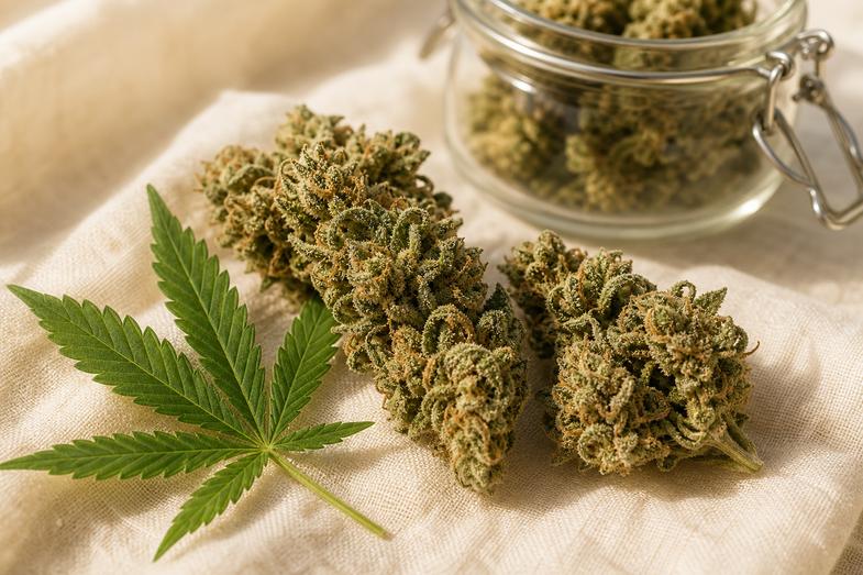 canamo-industrial-cbd-investigacion-vascular Cogollos secos de cáñamo industrial con tricomas visibles y una hoja verde de cáñamo sobre lino crema, con un tarro de vidrio desenfocado al fondo