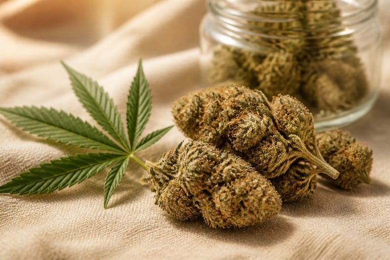 canamo-industrial-cbd-marco-investigacion-internacional Cogollos secos de cáñamo industrial con tricomas visibles y una hoja verde de cáñamo sobre lino crema, con un tarro de vidrio desenfocado al fondo