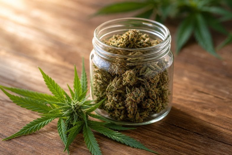 canamo-industrial-cbd-justbob-trazabilidad Tarro de vidrio con cogollos de cáñamo CBD y una ramita de cáñamo sobre una mesa de madera, en alusión a la trazabilidad del cáñamo industrial
