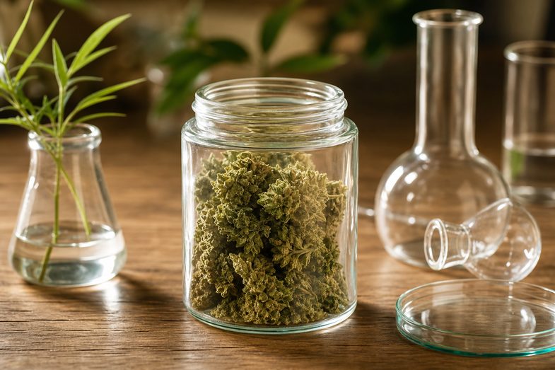 canamo-industrial-justbob-trazabilidad-analitica Tarro de vidrio con cogollos de cáñamo CBD y cristalería de laboratorio sobre una mesa de madera, en alusión a la trazabilidad analítica