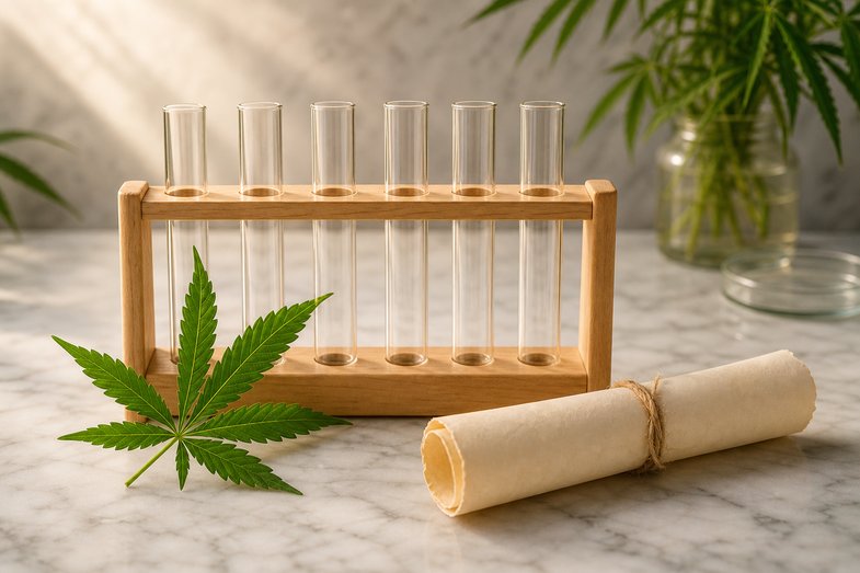 Gradilla de madera con tubos de ensayo de vidrio vacíos junto a una hoja de cáñamo y un pergamino sobre mármol claro en un bodegón de laboratorio