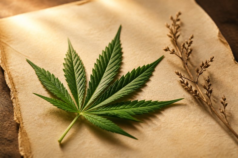 mapa-cannabis-regulatorio-internacional-minimalista-premium Hoja verde de cáñamo sobre papel crema envejecido en blanco junto a una ramita seca, en fotografía editorial de archivo