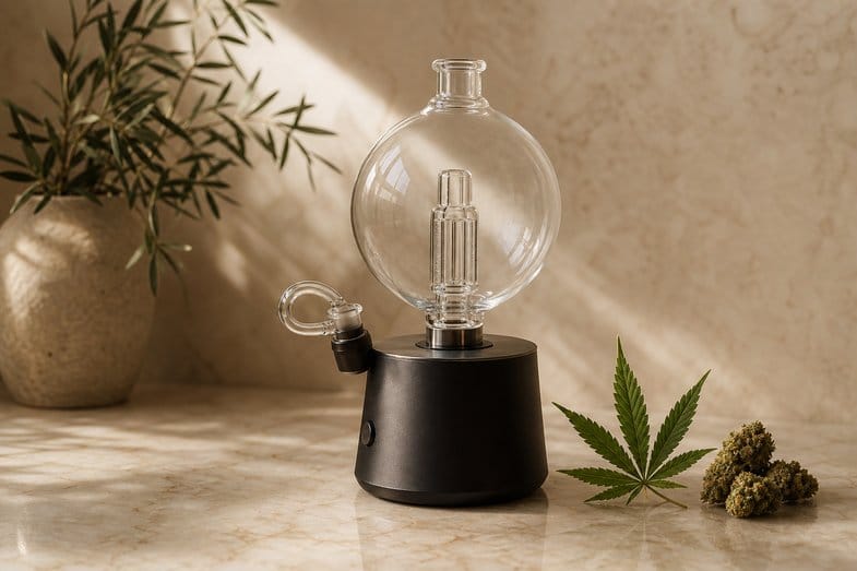Vaporizador de sobremesa de cámara de vidrio junto a una hoja de cáñamo y cogollos secos sobre mármol crema, en fotografía de producto editorial