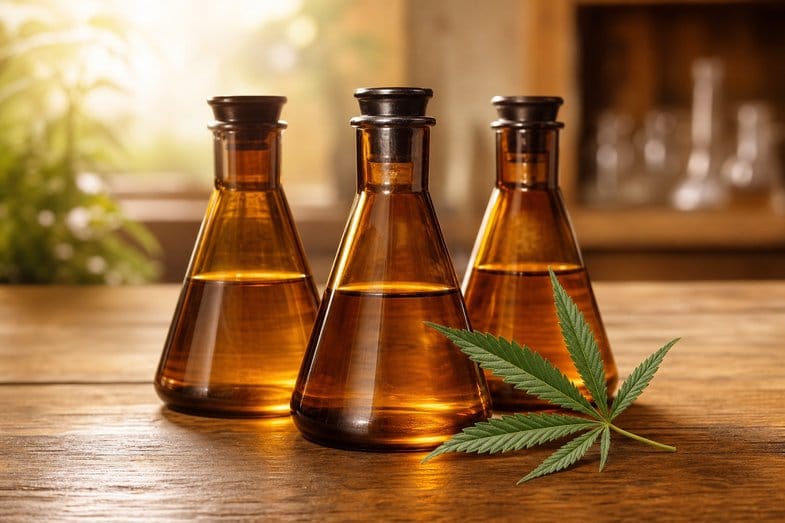 Matraces de laboratorio de vidrio ámbar con líquido sobre una mesa de madera junto a una hoja de cannabis sativa, en alusión a la bioquímica del cannabidiol