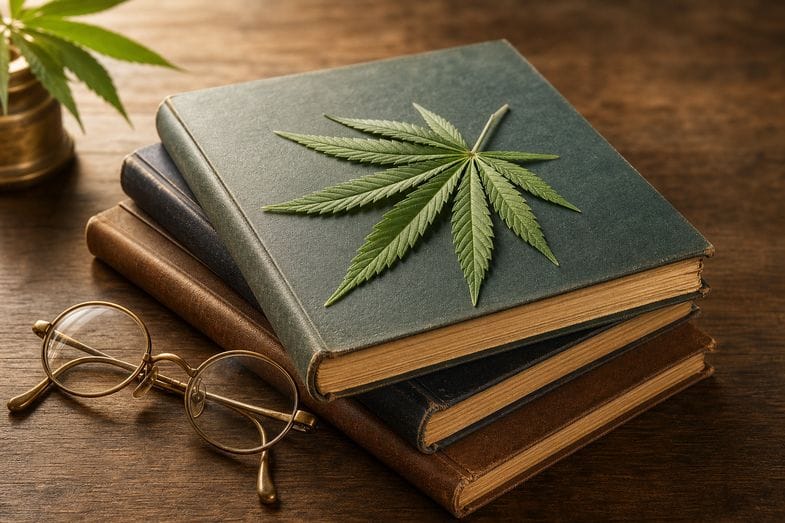 cbd-literatura-cientifica-investigacion Pila de revistas científicas antiguas junto a una hoja de cannabis sativa y unas gafas de latón sobre una mesa de madera, en alusión a la literatura sobre el cannabidiol