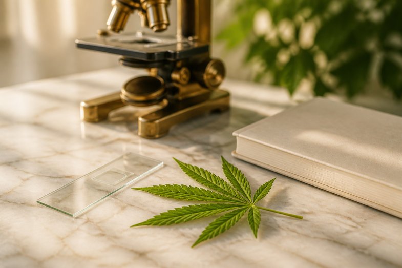 canamo-industrial-cbd-investigacion-cientifica-marco-ue Cogollos secos de cáñamo industrial con tricomas visibles y una hoja verde de cáñamo sobre lino crema, con un tarro de vidrio desenfocado al fondo