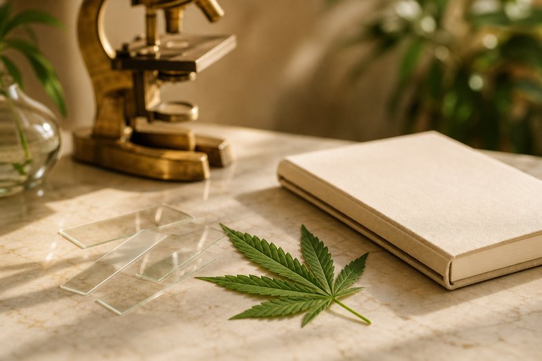cbd-receptores-cb1-investigacion-preclinica Microscopio de latón desenfocado, portaobjetos de vidrio y una hoja de cáñamo sobre mármol claro junto a un cuaderno en blanco, en un bodegón de investigación