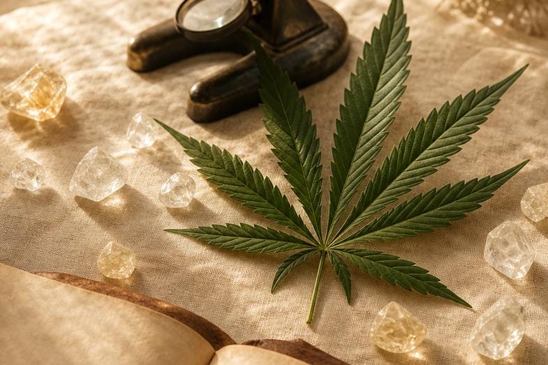 Hoja de cáñamo, una lupa y cristales translúcidos sobre lino crema, en un bodegón documental sobre el cannabigerol CBG