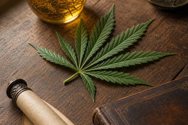 Hoja de cáñamo, una copa de cristal con líquido ámbar y un libro antiguo sobre madera, en un bodegón documental sobre la historia del cannabigerol