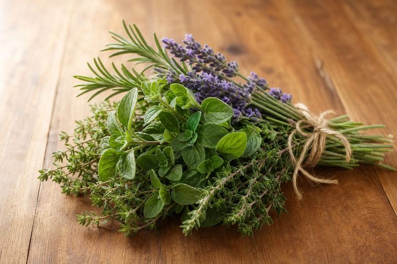 Ramillete de hierbas aromáticas mediterráneas frescas atado sobre una mesa de madera, en alusión a la familia botánica de las Lamiáceas