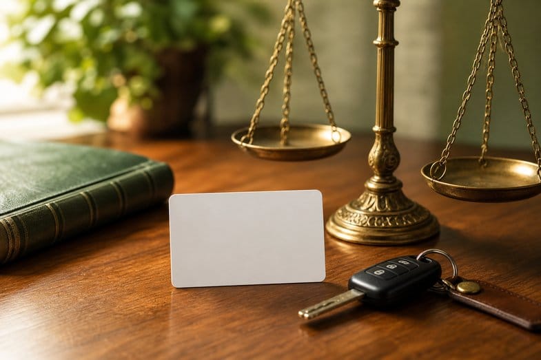 Una tarjeta en blanco, una balanza de latón y unas llaves de coche sobre una mesa de madera, en alusión a las sanciones y los derechos del conductor