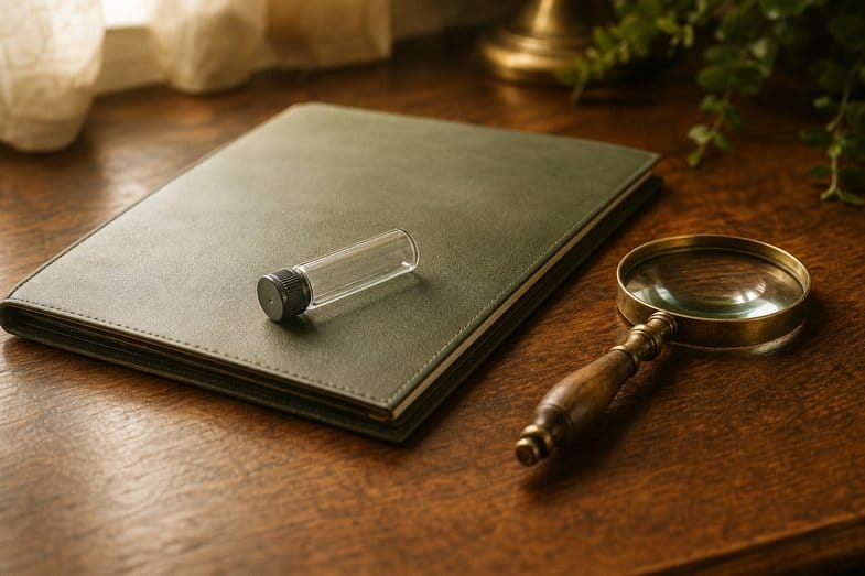 Tubo de muestra de saliva, una carpeta y una lupa sobre una mesa de madera, ilustrando la detección de drogas en un control de carretera