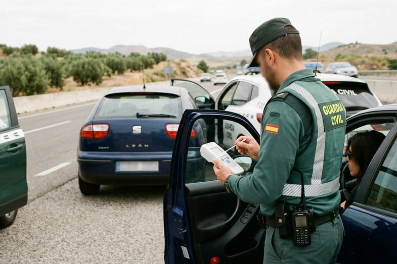 Agente de la Guardia Civil con dispositivo portátil de test de saliva durante un control de tráfico de la DGT en una carretera de España