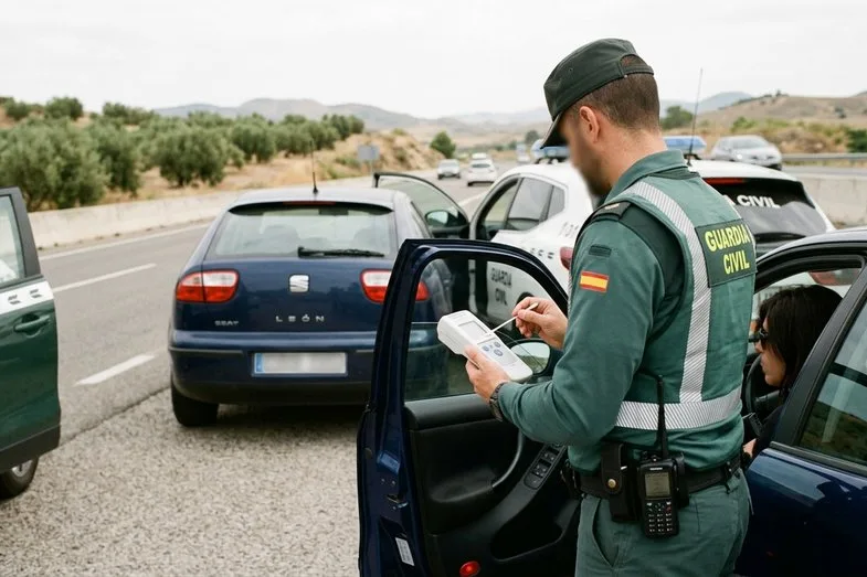 Agente de la Guardia Civil con dispositivo portátil de test de saliva durante un control de tráfico de la DGT en una carretera de España