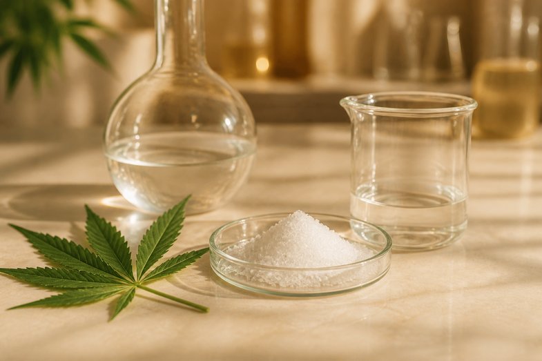cristalizacion-cbd-laboratorio-analisis Material de vidrio de laboratorio con un platillo de polvo cristalino blanco de CBD y una hoja de cáñamo sobre superficie crema, en fotografía de producto