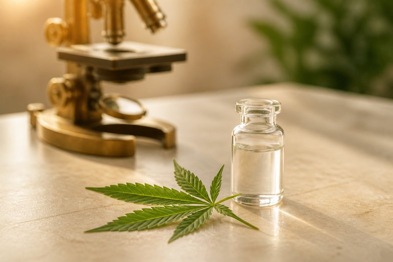 Microscopio de latón desenfocado y un vial de vidrio junto a una hoja de cáñamo sobre superficie crema, en un bodegón de laboratorio