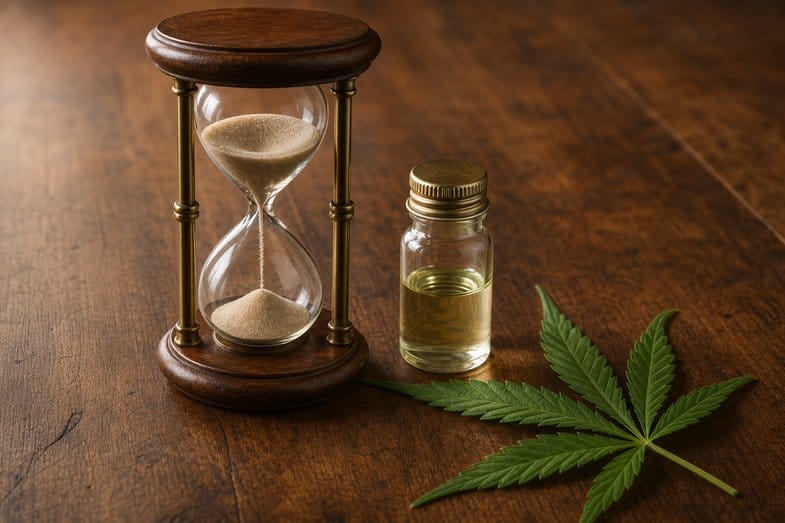 Un reloj de arena junto a un frasco de muestra y una hoja de cáñamo sobre una mesa de madera, ilustrando la duración del THC en el organismo