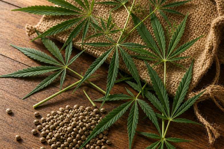 Plantas de cáñamo industrial y semillas sobre una superficie de madera, alusivas al cultivo agrícola sostenible del cáñamo en España