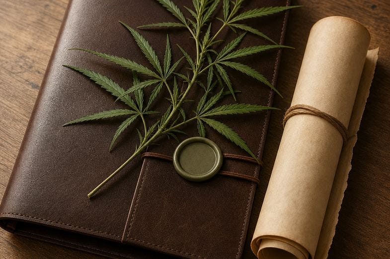 Carpeta de documentos y un sello sobre una mesa de madera junto a una planta de cáñamo, en alusión a la licencia de cultivo de CBD en España