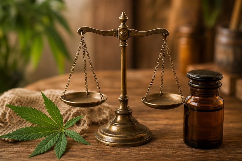 factores-cinetica-eliminacion-thc-organismo Balanza de latón antigua junto a una hoja de cáñamo y un frasco de vidrio ámbar sobre una mesa de madera, en alusión a los factores de la cinética de eliminación