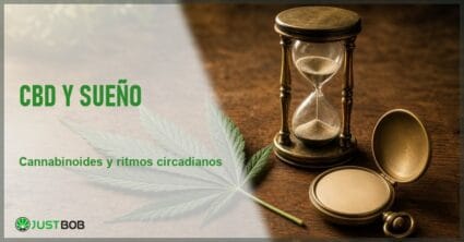 Hoja de cannabis sativa junto a un reloj de arena de latón y un reloj de bolsillo abierto sobre una mesa de madera, en alusión a los ritmos circadianos