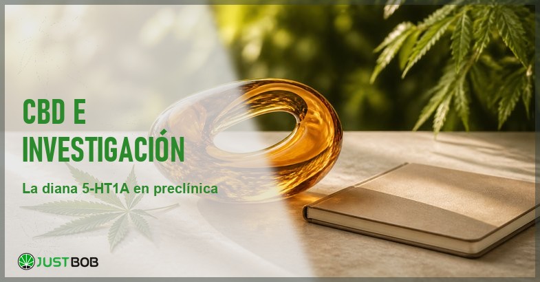 Bodegon sereno con una escultura abstracta de cristal ambar translucido, una hoja de canamo y un cuaderno cerrado sobre piedra crema, con follaje verde