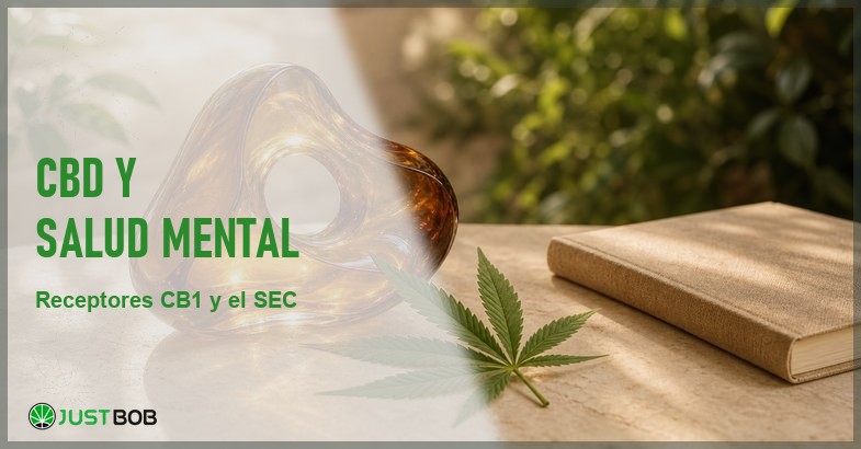 Bodegon sereno con una escultura abstracta de cristal ambar translucido, una hoja de canamo y un cuaderno cerrado sobre piedra crema, con follaje verde