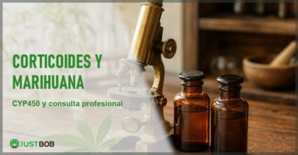 Microscopio de latón vintage, dos frascos de vidrio ámbar y una hoja de cáñamo sobre una mesa de laboratorio, en alusión a la bioquímica del CYP450