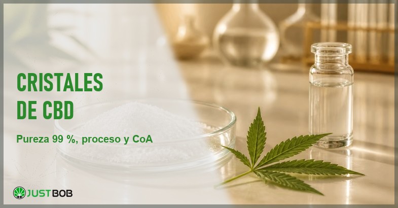 Placa de Petri de vidrio con polvo cristalino blanco de CBD aislado, una hoja de canamo y un vial de vidrio sobre superficie de laboratorio crema