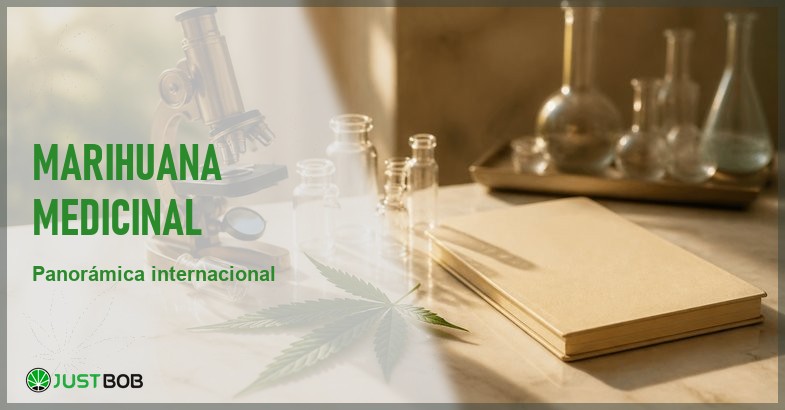Bodegon de investigación con un microscopio de laton, viales de vidrio vacios y una hoja de cáñamo sobre marmol crema, con un cuaderno cerrado