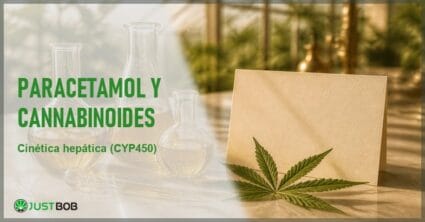 Bodegón editorial de laboratorio con matraces de vidrio de líquido ámbar, una pipeta y una hoja de cáñamo sobre mármol crema, invernadero desenfocado al fondo
