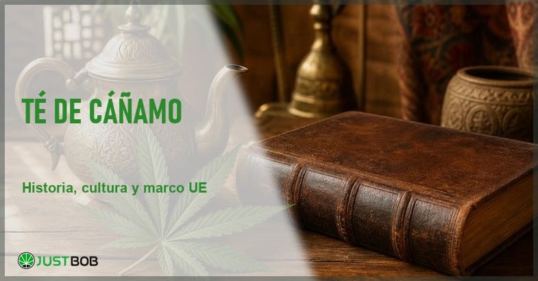 Tetera de latón antigua junto a una hoja de cáñamo y un libro encuadernado en cuero sobre una mesa de madera, en alusión a la historia cultural de las bebidas de cáñamo