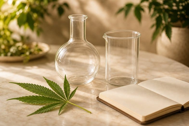 investigacion-cannabis-embarazo Material de vidrio de laboratorio, una hoja de cáñamo y un cuaderno en blanco sobre mármol crema, en un bodegón de investigación científica