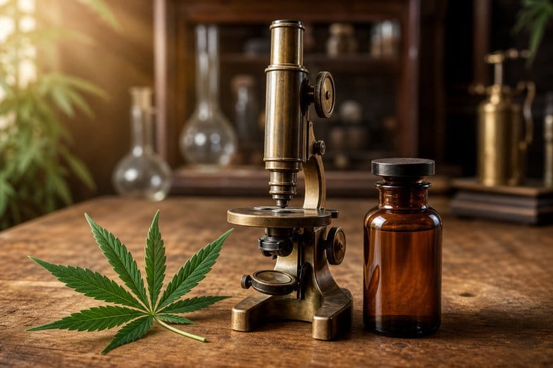 investigacion-cbd-felinos-laboratorio Microscopio de latón vintage junto a una hoja de cáñamo y un frasco de vidrio ámbar sobre una mesa de madera, en alusión a la investigación veterinaria sobre el CBD