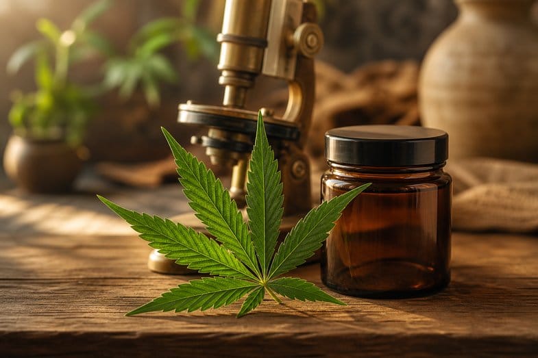 Microscopio de latón vintage junto a una hoja de cannabis sativa y un frasco de vidrio ámbar cerrado sobre una mesa de madera, en alusión al análisis de laboratorio