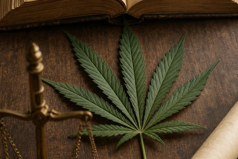 Hoja de cannabis sativa centrada sobre madera, con un libro jurídico abierto, una balanza de latón y un pergamino, en torno al cannabis en España