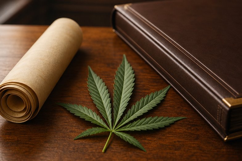 Hoja de cannabis sativa sobre una mesa de madera con una carpeta de cuero y un pergamino enrollado, alusiva a la regulación del cannabis en Europa